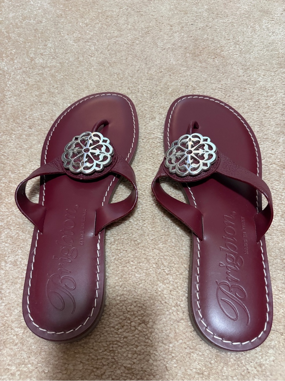 Brighton Alice Burgundy Leather Thong Sandals with Silver Floral Medallion